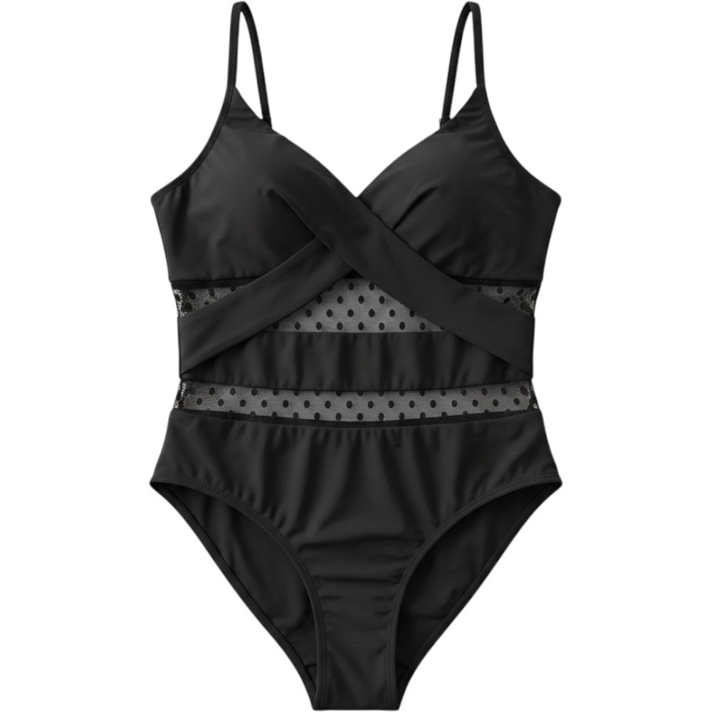 Boutique Black Mesh Polka Dot Wrap One Piece Swimsuit Women Size Medium
